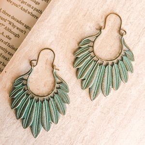 Feather Earrings Fall Boho Fan Shape Patina Green